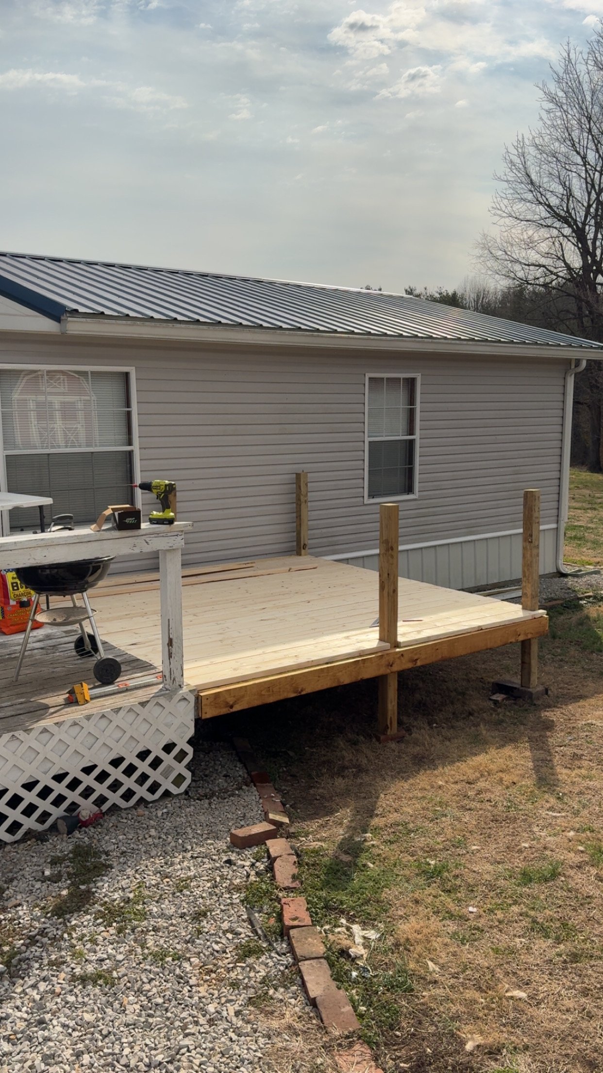 New wood deck floor and posts during construction