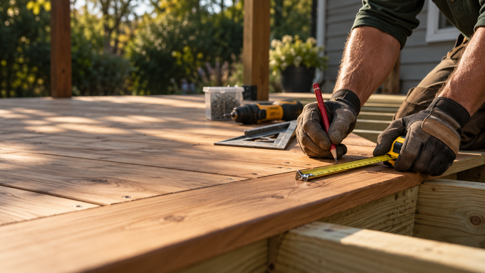 Craftsmanship scene showing deck boards being measured during construction